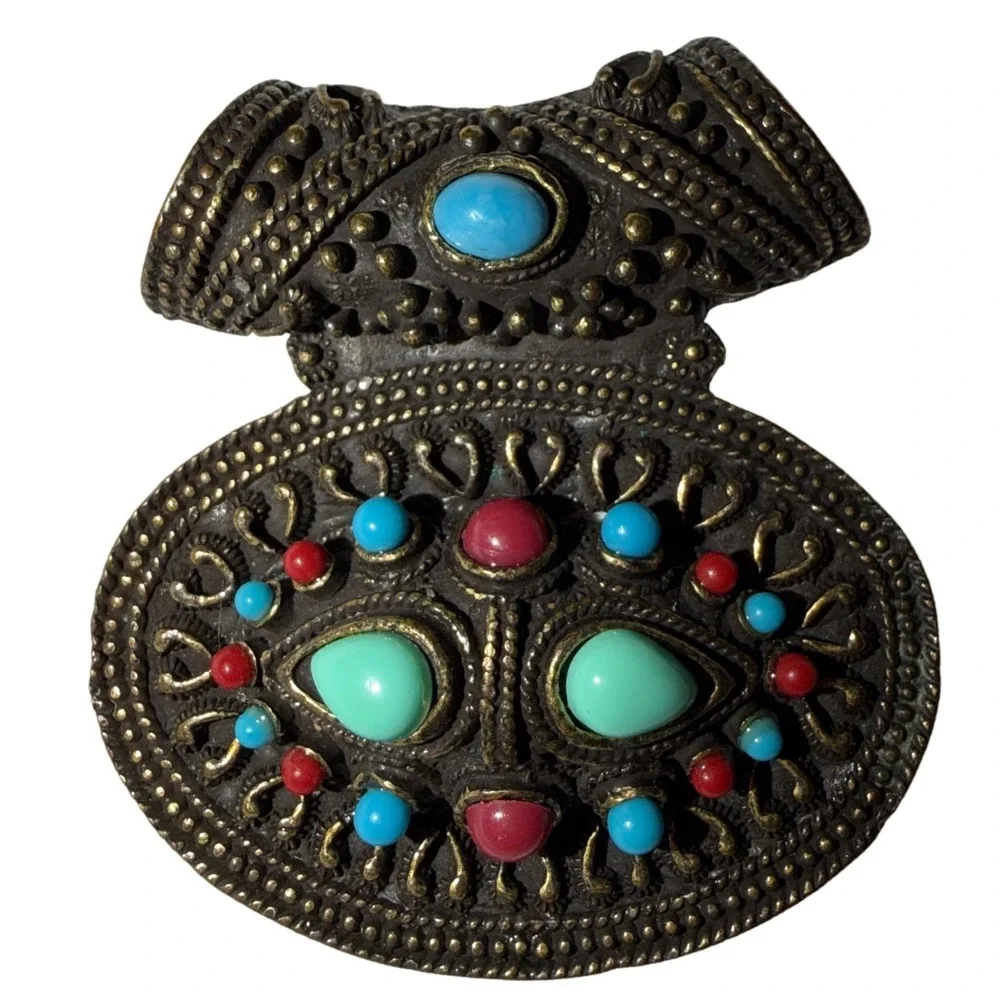 Vtg Tibetan Style Brass Statement Pendant‎ Turquoise Coral Red Green Stones